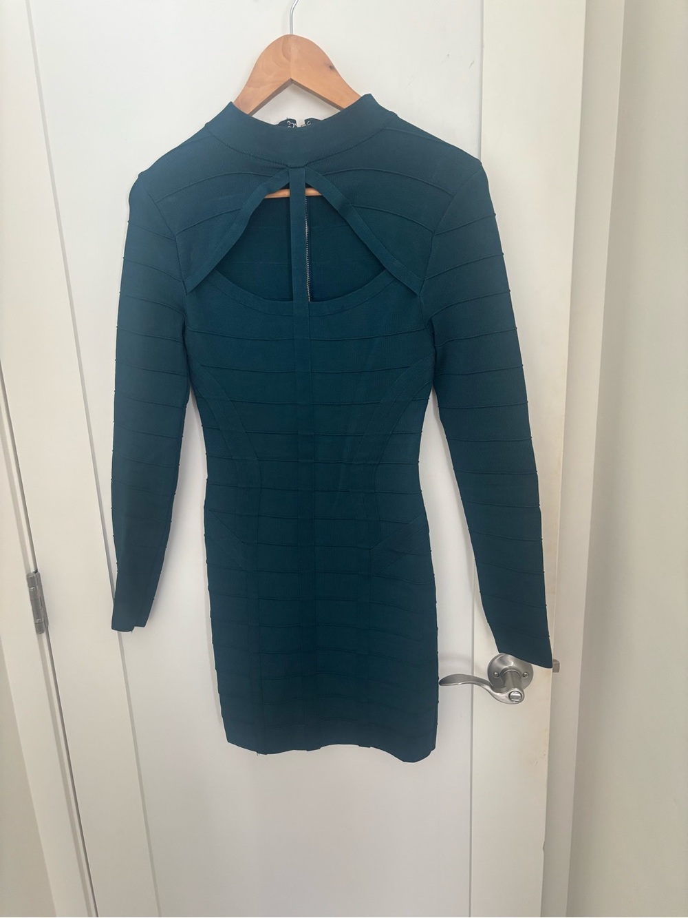 Long-Sleeve Teal Bodycon Dress with Cutout Front